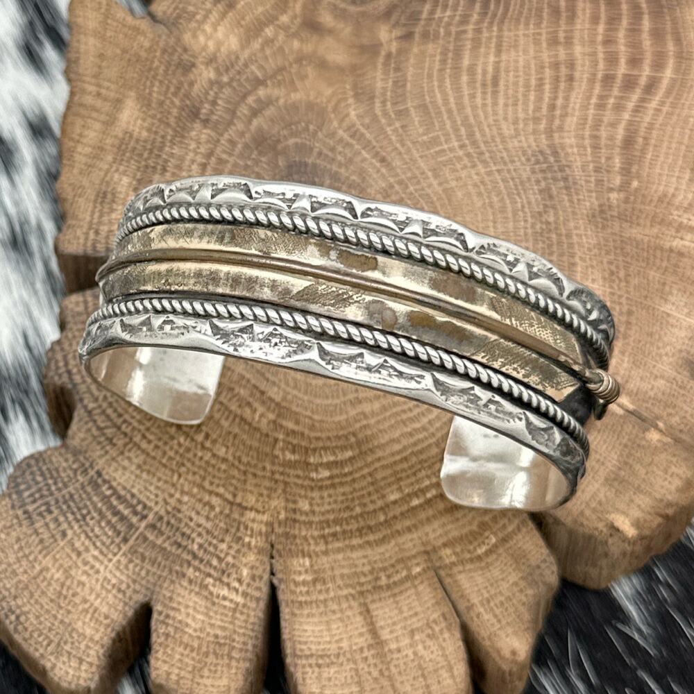 1990s Native American NAVAJO Sterling Silver Cuff Bracelet Gold Filled Feather